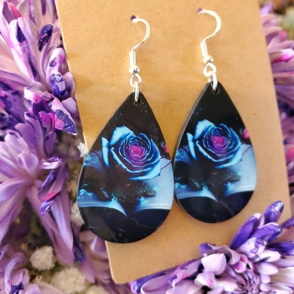 Blue Rose on Book Teardrop Earrings - Picture 1 of 8